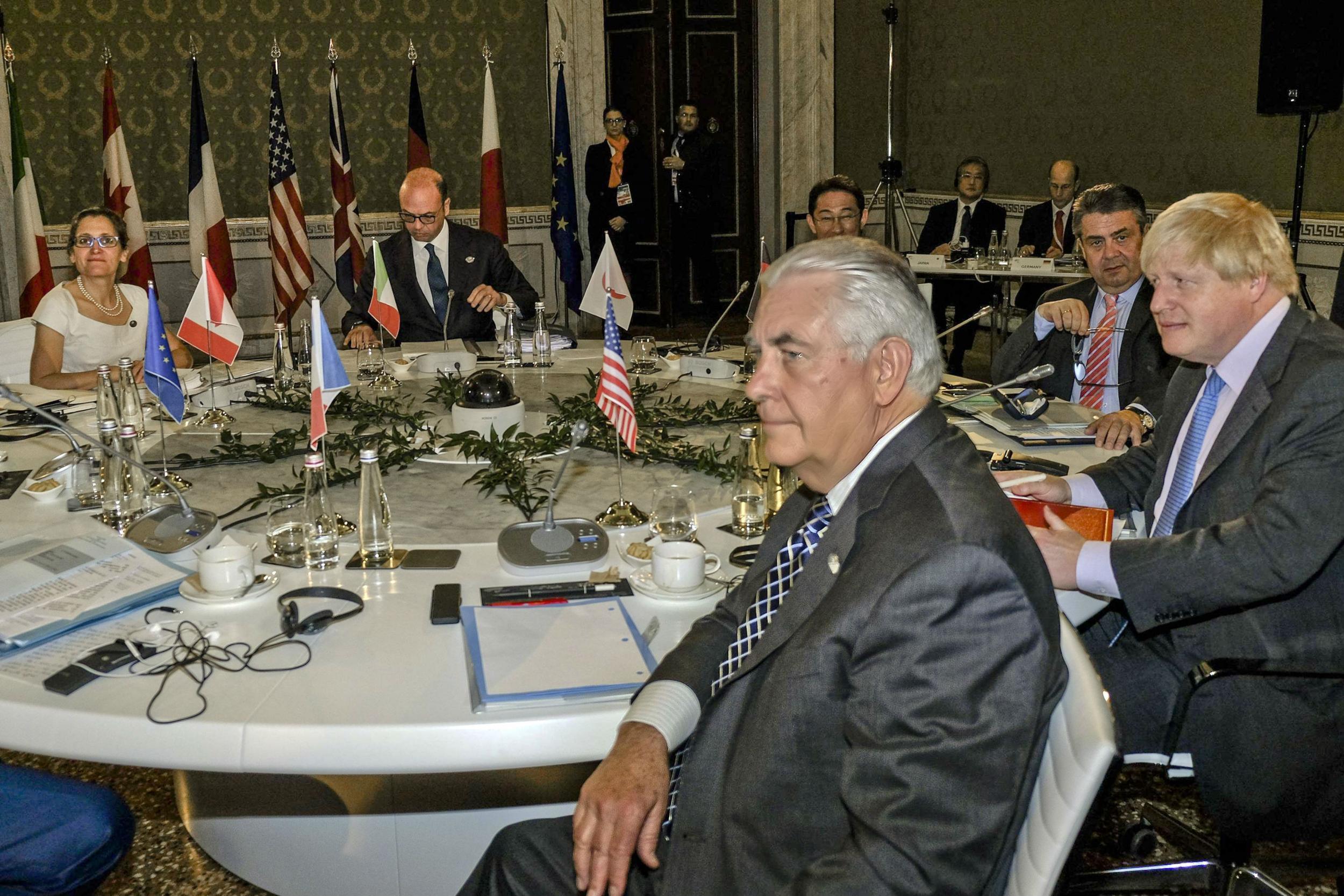 Boris Johnson joins G7 talks in Italy, where foreign ministers are preparing a list of sanctions against Russia, to be delivered by US Secretary of State, Rex Tillerson (centre)
