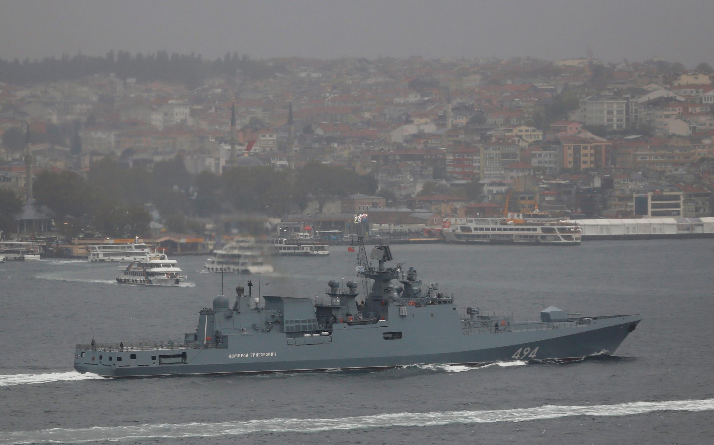 Russian Navy frigate the Admiral Grigorovich sails past Istanbul on its way to the Mediterranean Sea in this file photo from November 4, 2016