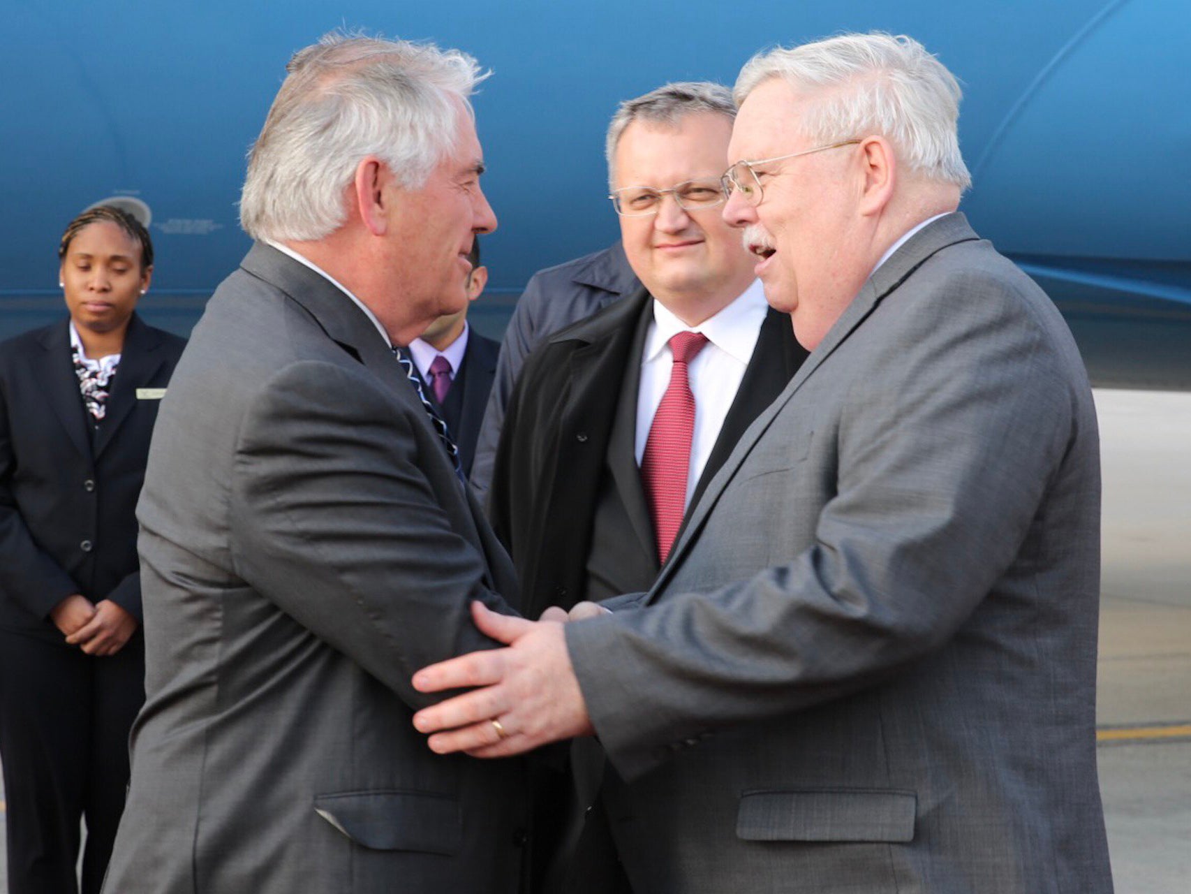Rex Tillerson (left) is welcomed by US ambassador to Russia John Tefft upon his arrival in Moscow