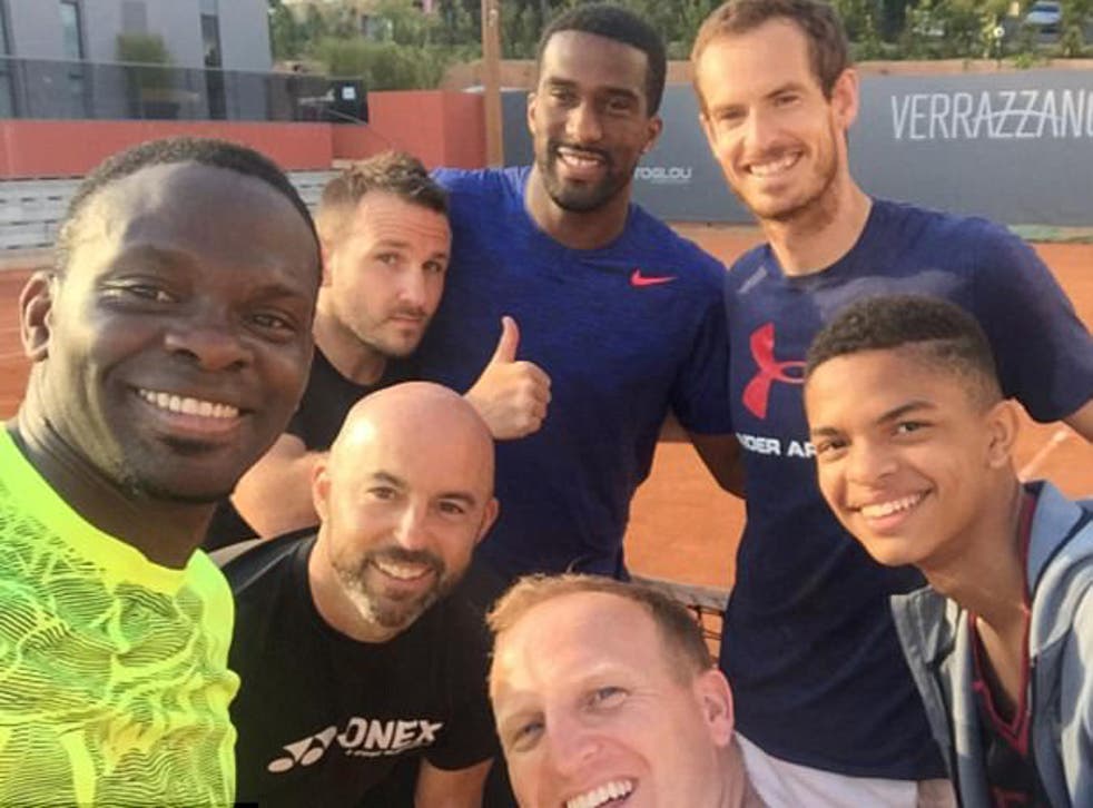 Saha (L) and Distin played a practice match with Murray in Monte Carlo
