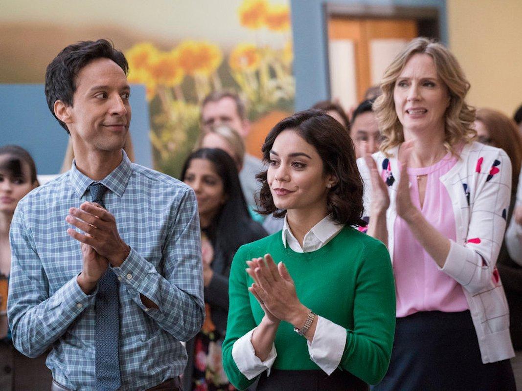 From left: Danny Pudi as Teddy, Vanessa Hudgens as Emily, and Christina Kirk as Jackie on NBC's "Powerless."