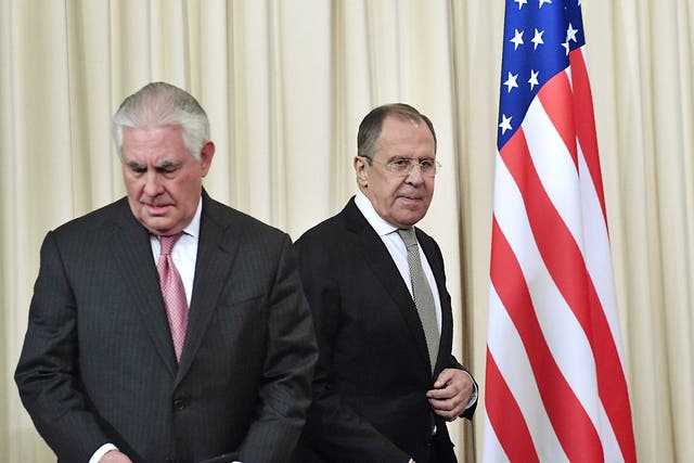 Lavrov (R) is in Washington to meet with US Secretary of State Rex Tillerson