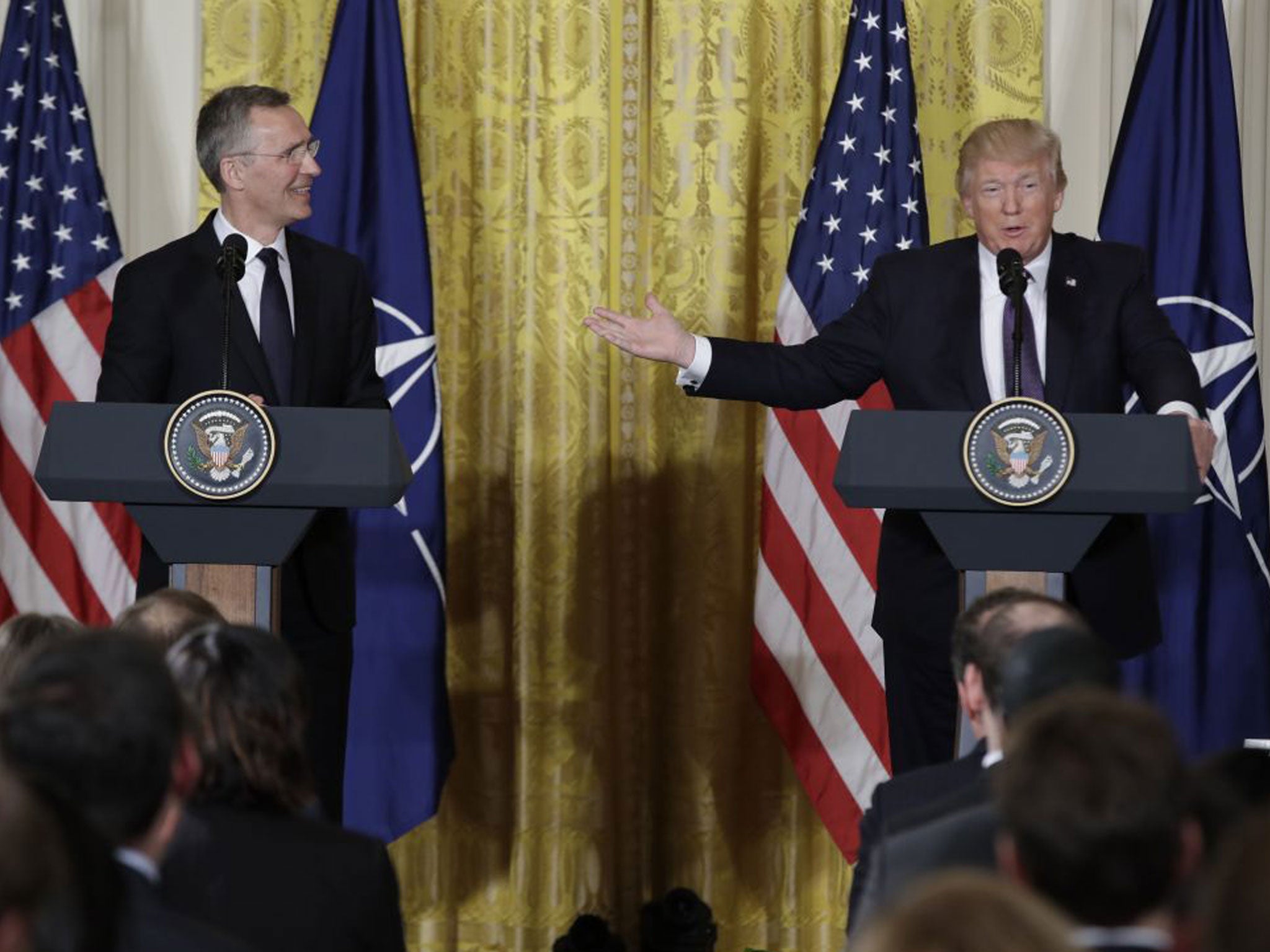 President Donald Trump during a news conference with Nato Secretary General Jens Stoltenberg in the East Room of the White House
