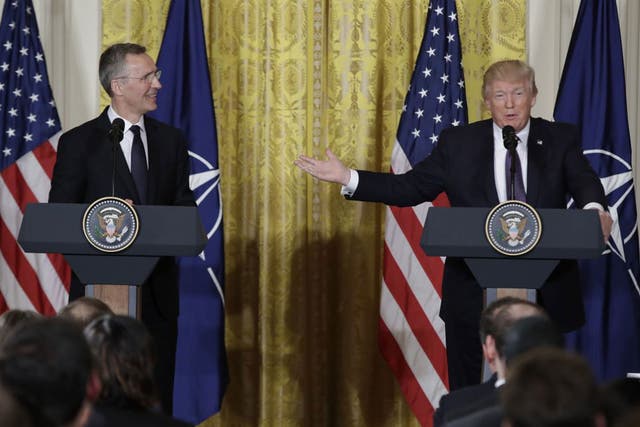 President Donald Trump during a news conference with Nato Secretary General Jens Stoltenberg in the East Room of the White House