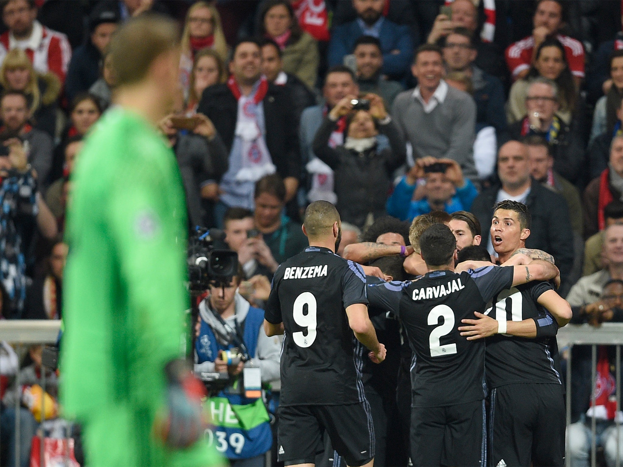 Cristiano Ronaldo celebrates his winning first leg goal at the Allianz Arena