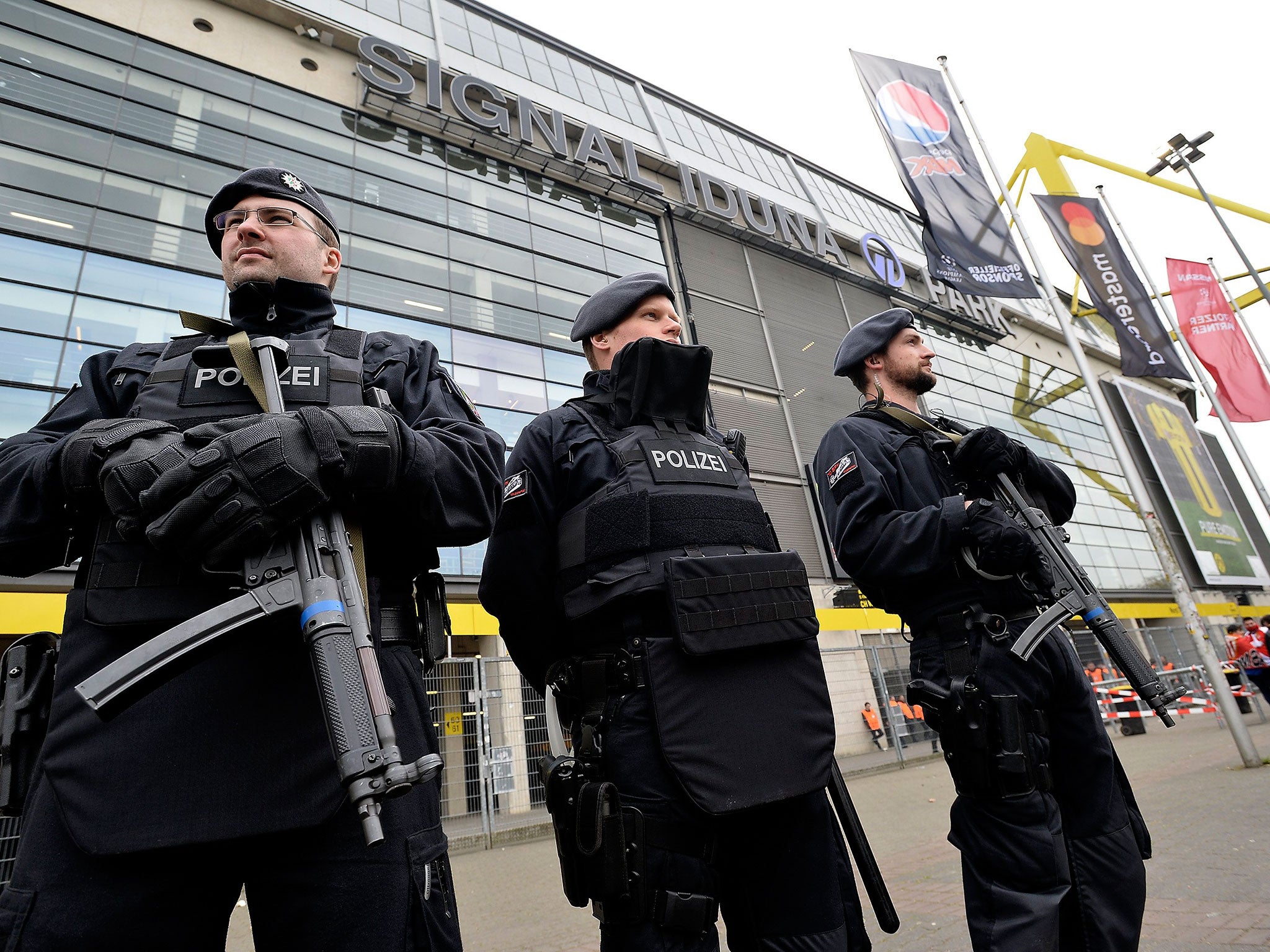 Officers secure Borussia Dortmund’s stadium ahead of the Champions League tie