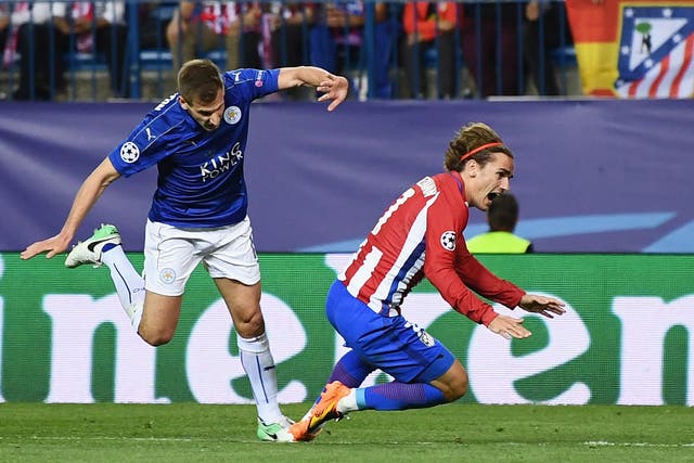 Marc Albrighton conceded a penalty when he tripped up Antoine Griezmann