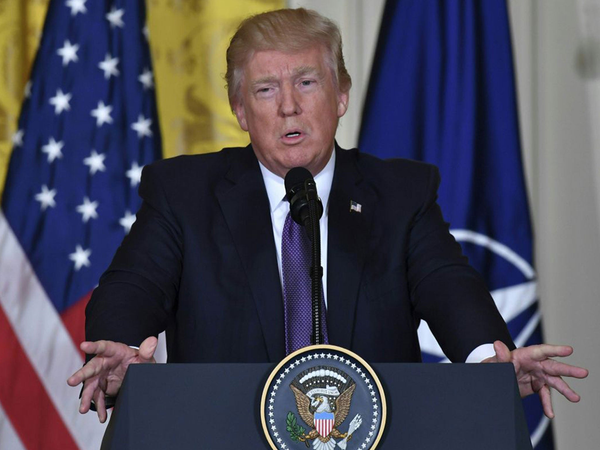 President Donald Trump speaks during a joint press conference with NATO Secretary General Jens Stoltenberg