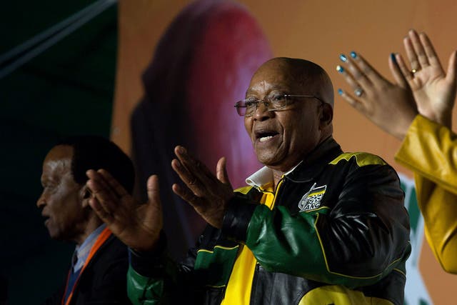 President Jacob Zuma addresses crowds gathered to celebrate his 75th birthday in Kliptown