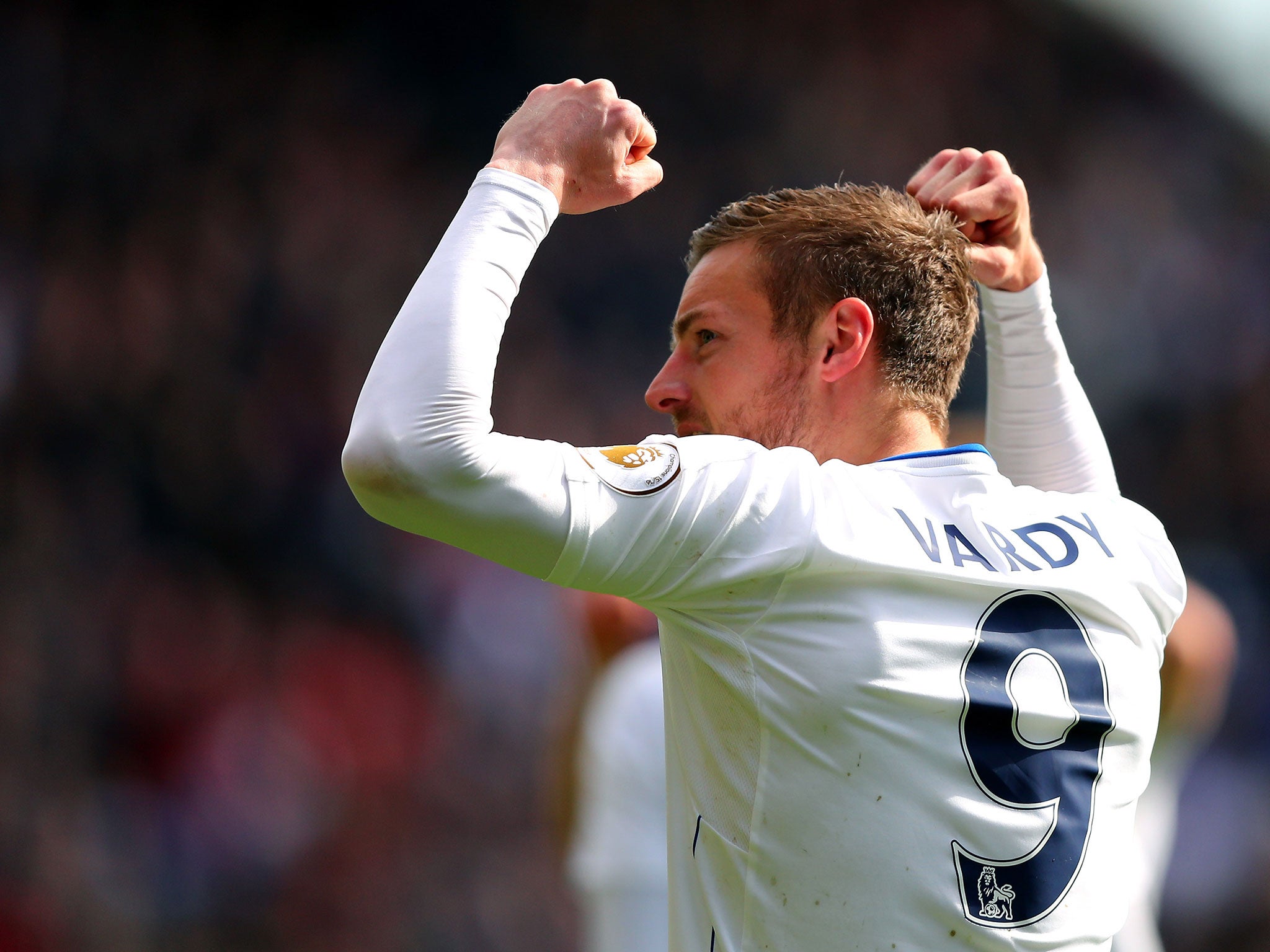 Jamie Vardy celebrates after scoring Leicester's second