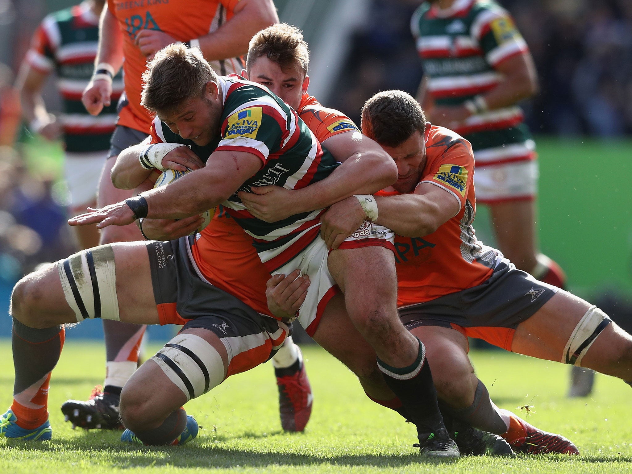 Tom Youngs is stopped in his tracks by the Newcastle defence