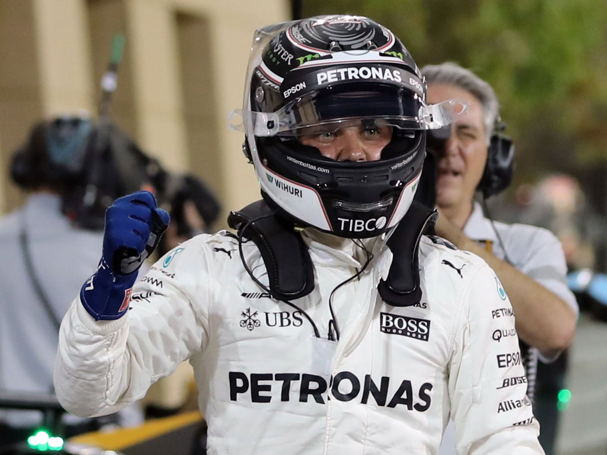 Valtteri Bottas celebrates after taking pole position in Bahrain