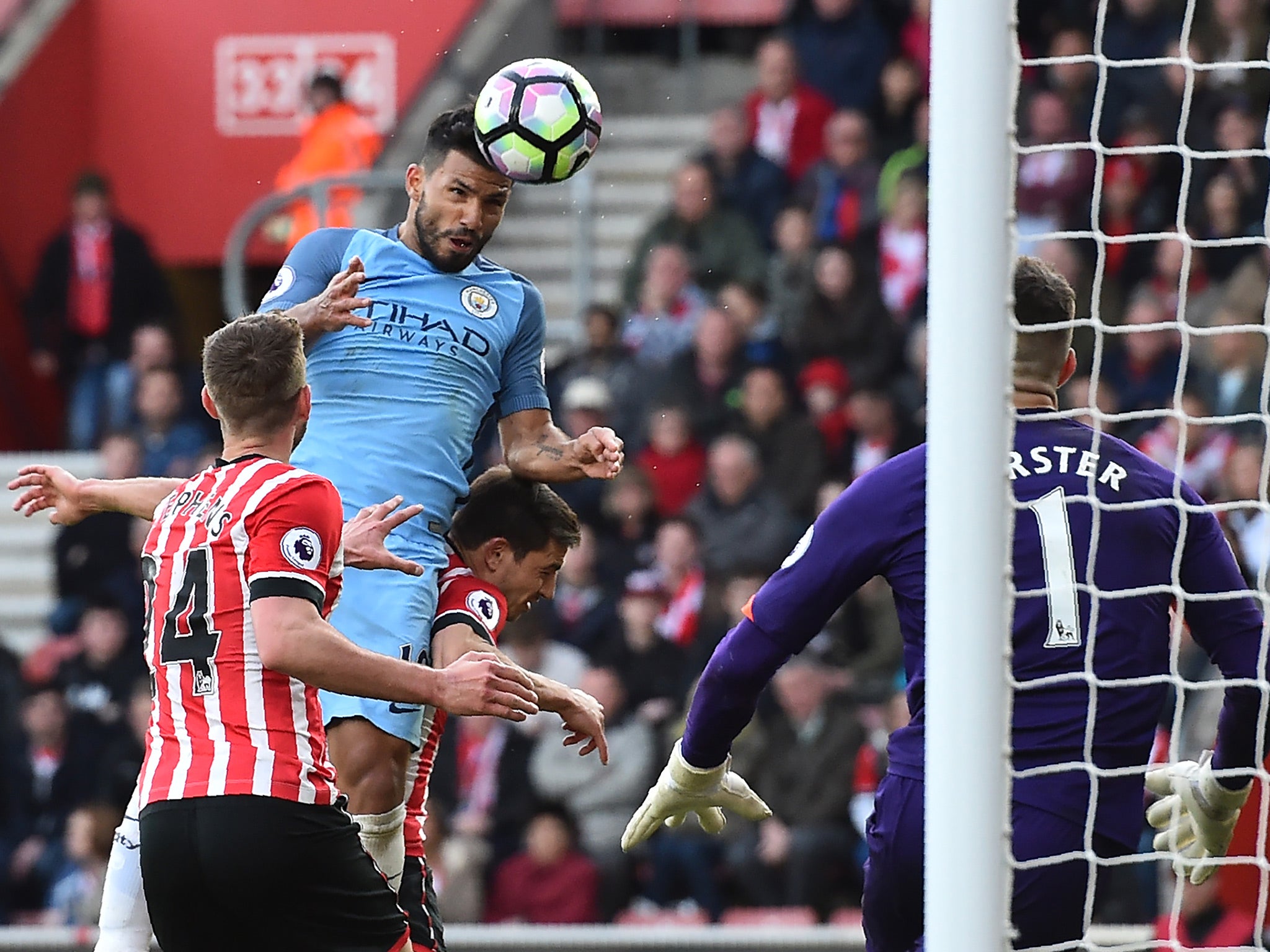 Aguero rose to nod De Bruyne's cross past Forster