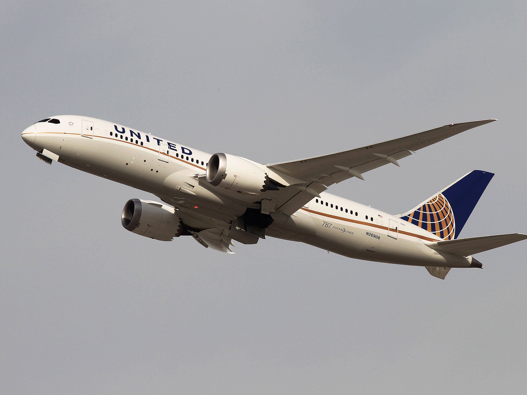 A Boeing 787 Dreamliner operated by United Airlines takes off at Los Angeles International Airport