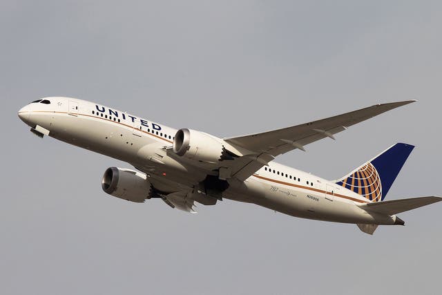 A Boeing 787 Dreamliner operated by United Airlines takes off at Los Angeles International Airport
