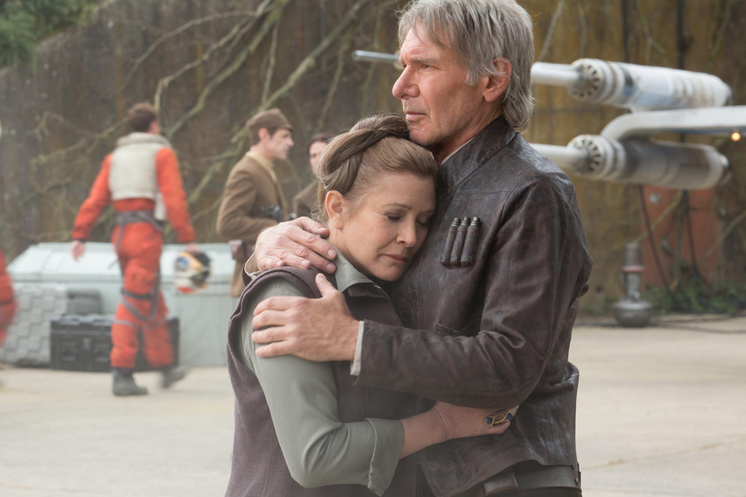 Carrie Fisher revealed she had a three-month affair with Harrison Ford while they were shooting ‘Star Wars’ (pictured here in a still from 2015’s ‘Star Wars: The Force Awakens’