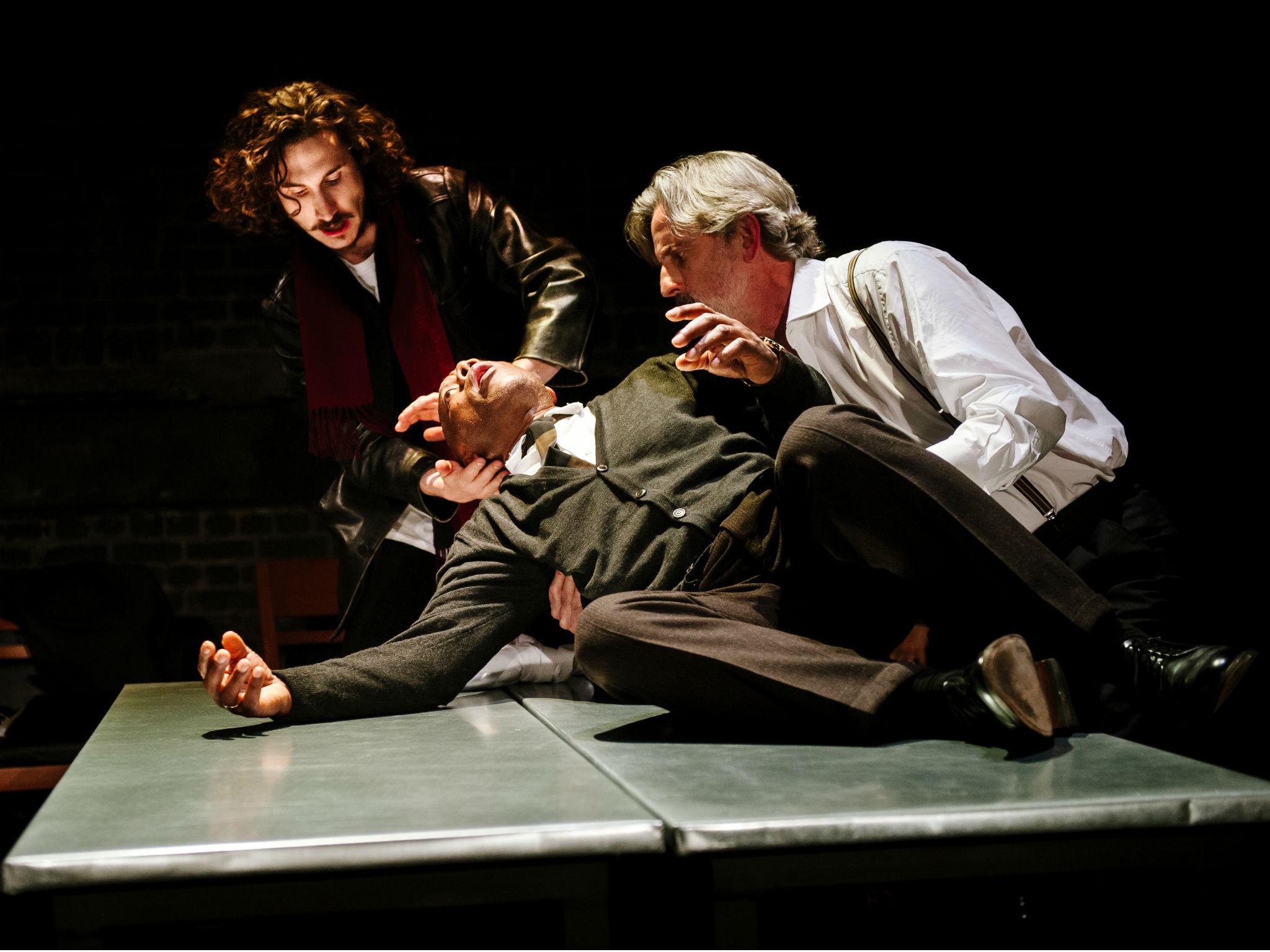 Billy Postlethwaite as Rambert, Burt Caesar as Grand and Martin Turner as Tarrou in 'The Plague' at the Arcola Theatre