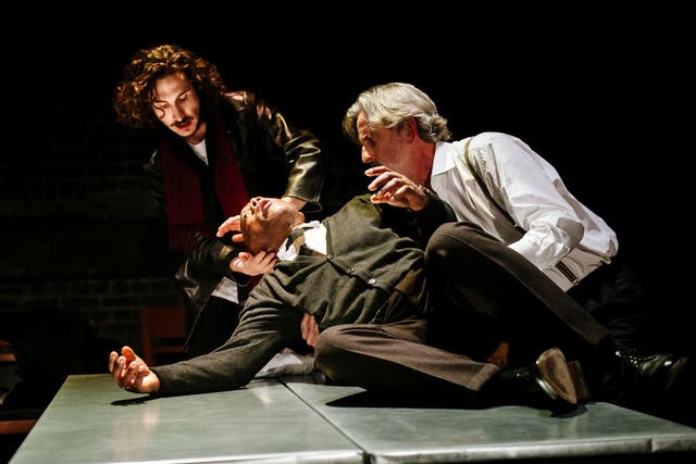 Billy Postlethwaite as Rambert, Burt Caesar as Grand and Martin Turner as Tarrou in 'The Plague' at the Arcola Theatre