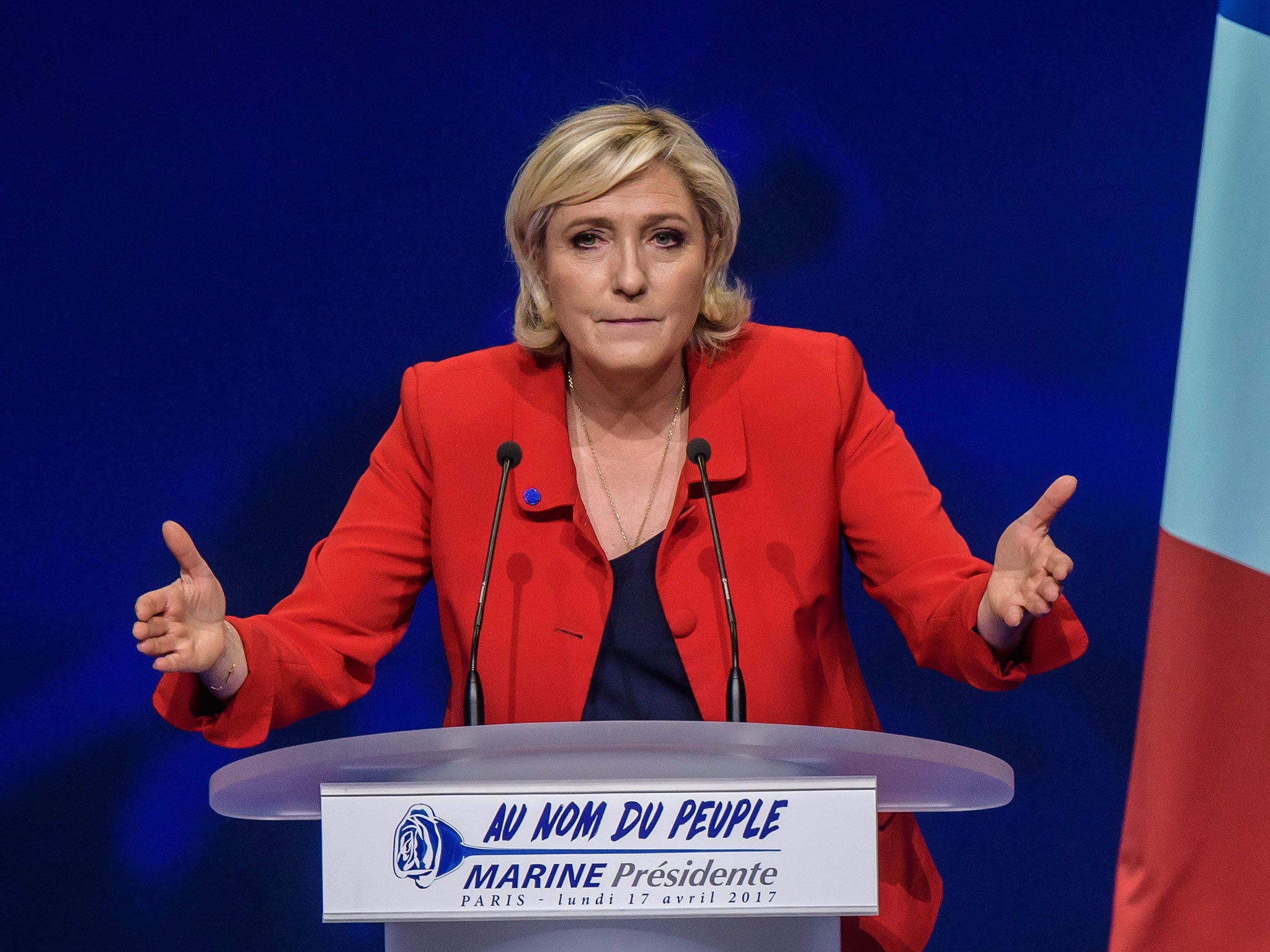 Marine Le Pen delivers a speech during an election campaign rally in Paris on 17 April 2017.