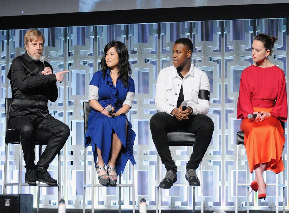 Mark Hamill, Kelly Marie Tran, John Boyega, and Daisy Ridley attend The Last Jedi panel at Star Wars Celebration