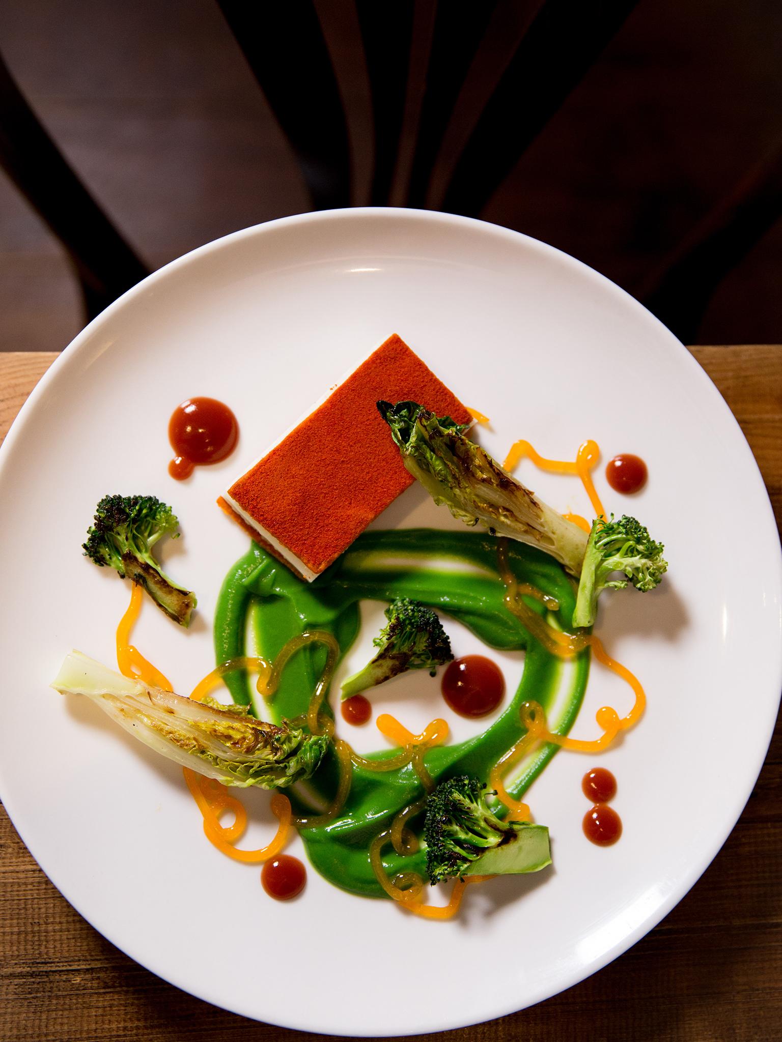 Tomato shortbread used milk and broccoli with gem lettuce and egg yolk