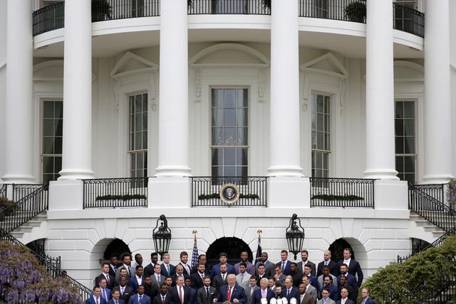 US President Donald Trump honours Super Bowl champions the New England Patriots at the White House on April 19 2017 - with several prominent members of the team missing in action