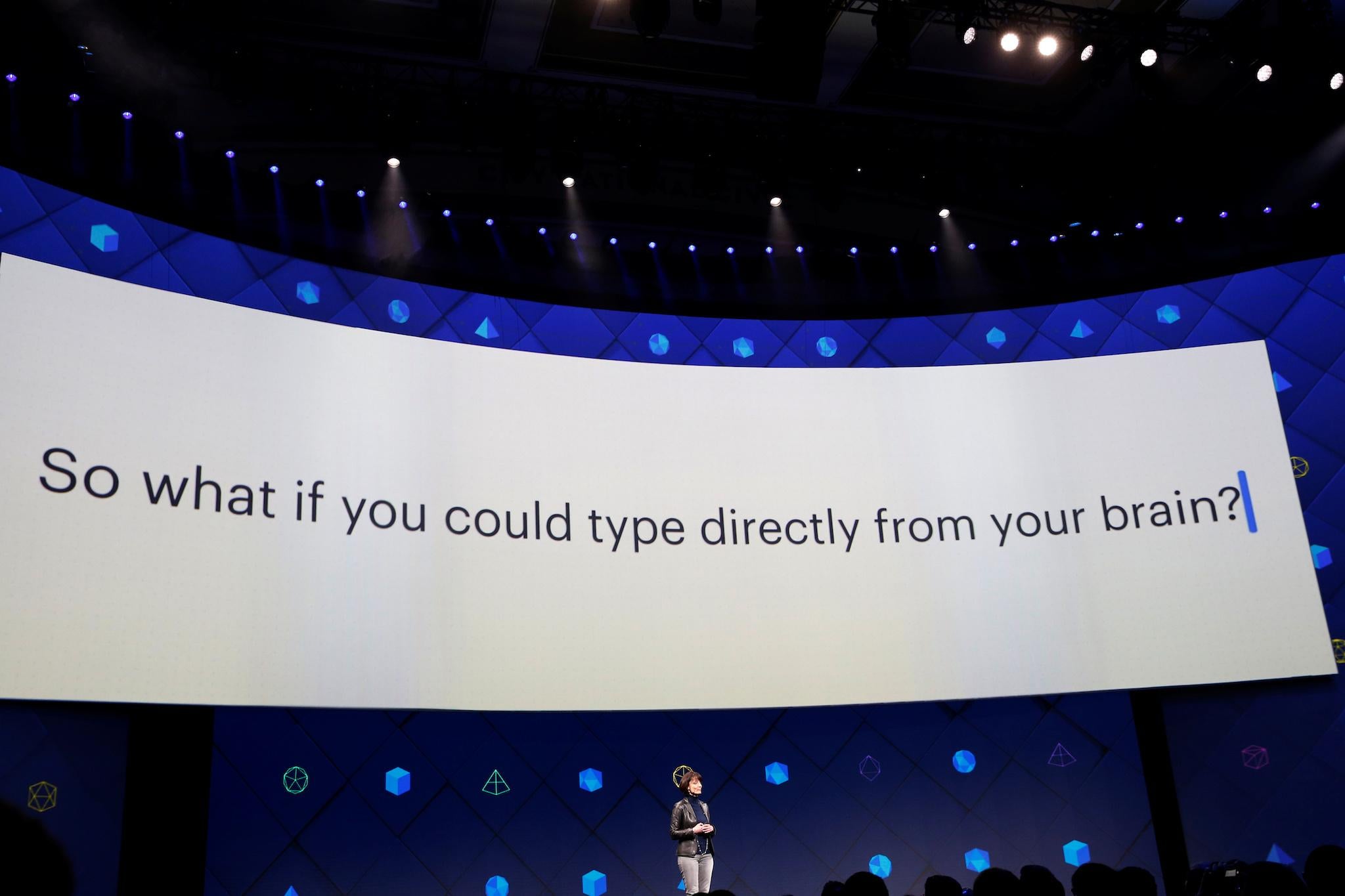 Regina Dugan, vice president of engineering of Building 8 at Facebook, speaks on stage during the second day of the annual Facebook F8 developers conference in San Jose