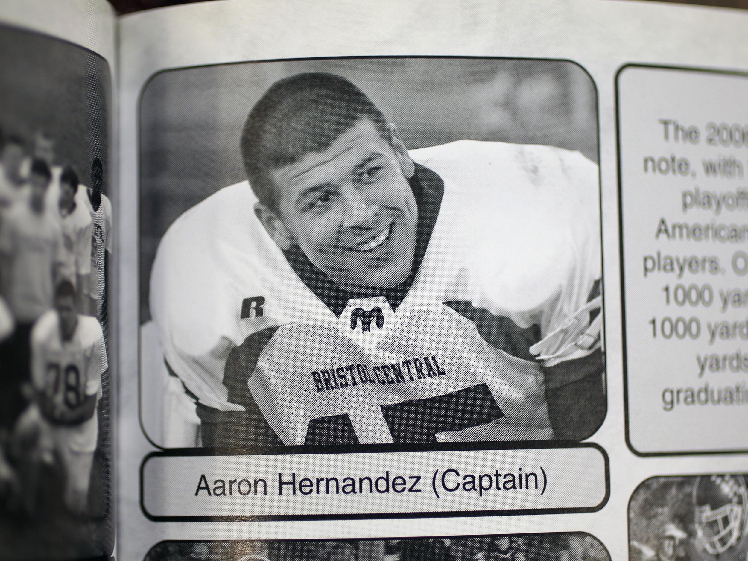 A yearbook photo showing Hernandez, captain of Bristol Central High School's football team