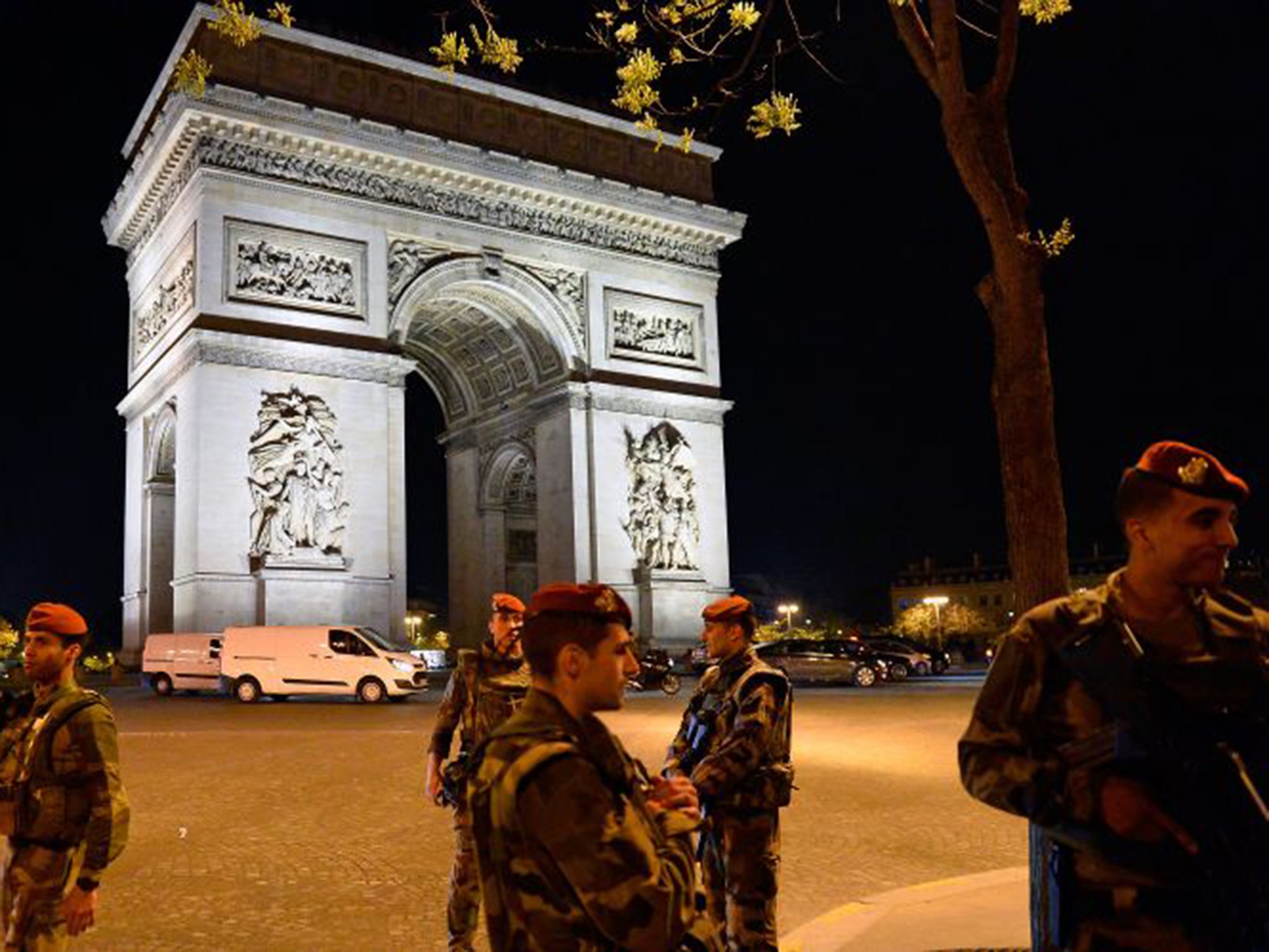 French military police secure the area near the Champs-Elysees yesterday