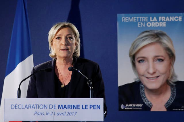 Marine Le Pen, French National Front (FN) political party leader and candidate for the French 2017 presidential election, attends a news conference in Paris on 21 April
