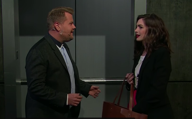James Corden and Anne Hathaway perform a skit on The Late Late Show