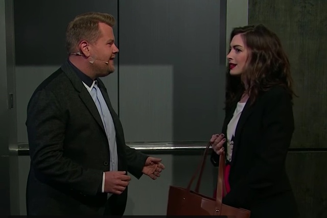 James Corden and Anne Hathaway perform a skit on The Late Late Show