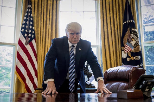 President Donald Trump poses for a portrait in the Oval Office
