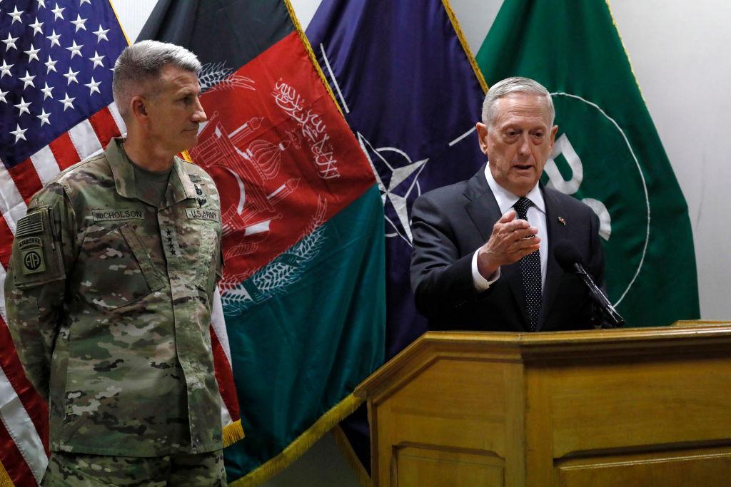 US Defence Secretary James Mattis (R) and US Army General John Nicholson (L), commander of US forces in Afghanistan, hold a news conference at Resolute Support headquarters 24 April 2017 in in Kabul, Afghanistan
