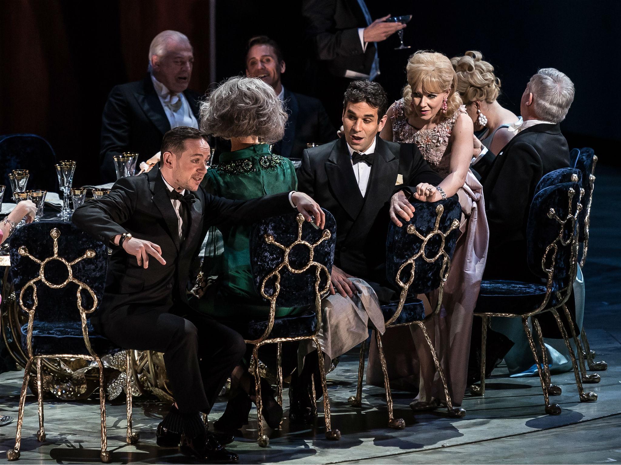 Iestyn Davies, Frédéric Antoun and Sally Matthews in ‘The Exterminating Angel’ at the Royal Opera House