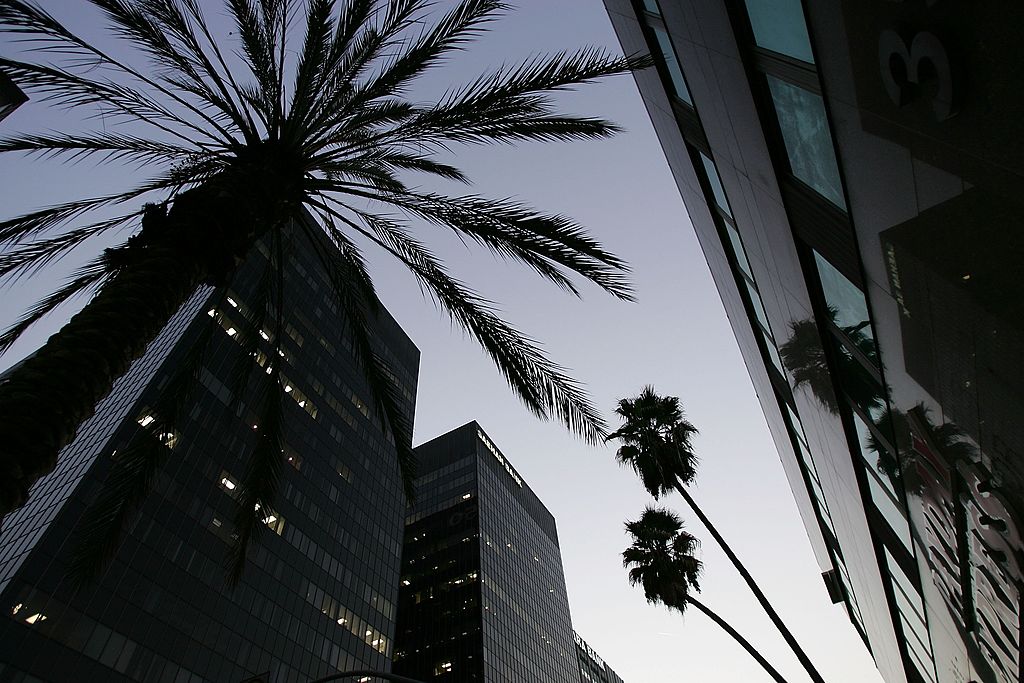 Dusk dawns: Koreatown’s office blocks give way to a vibrant night scene (Getty)