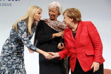 Angela Merkel looks very awkward when Ivanka Trump praises her father
