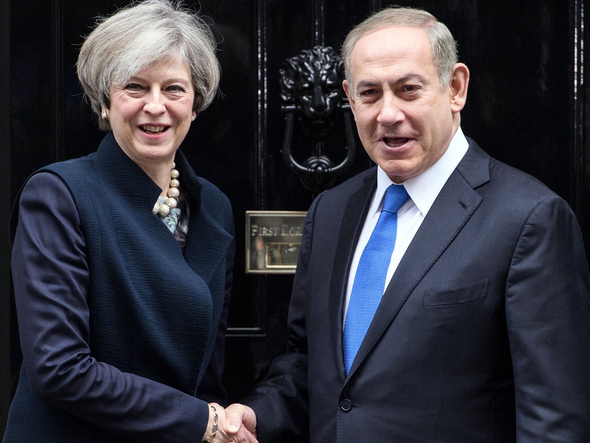 Theresa May greets Israeli Prime Minister Benjamin Netanyahu at Downing Street in February 2017