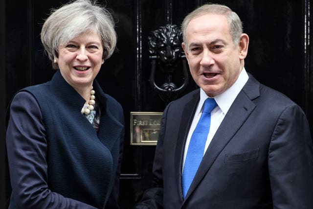 Theresa May greets Israeli Prime Minister Benjamin Netanyahu at Downing Street in February 2017