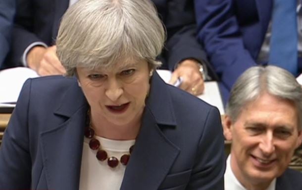 Theresa May responding to Jeremy Corbyn during the final PMQs before the general election
