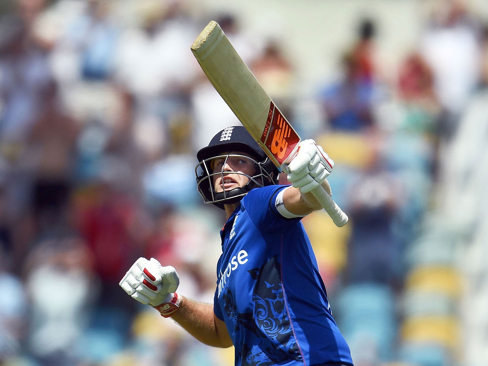 Root celebrates after scoring his century during the final of the three-match One Day International series between England and West Indies
