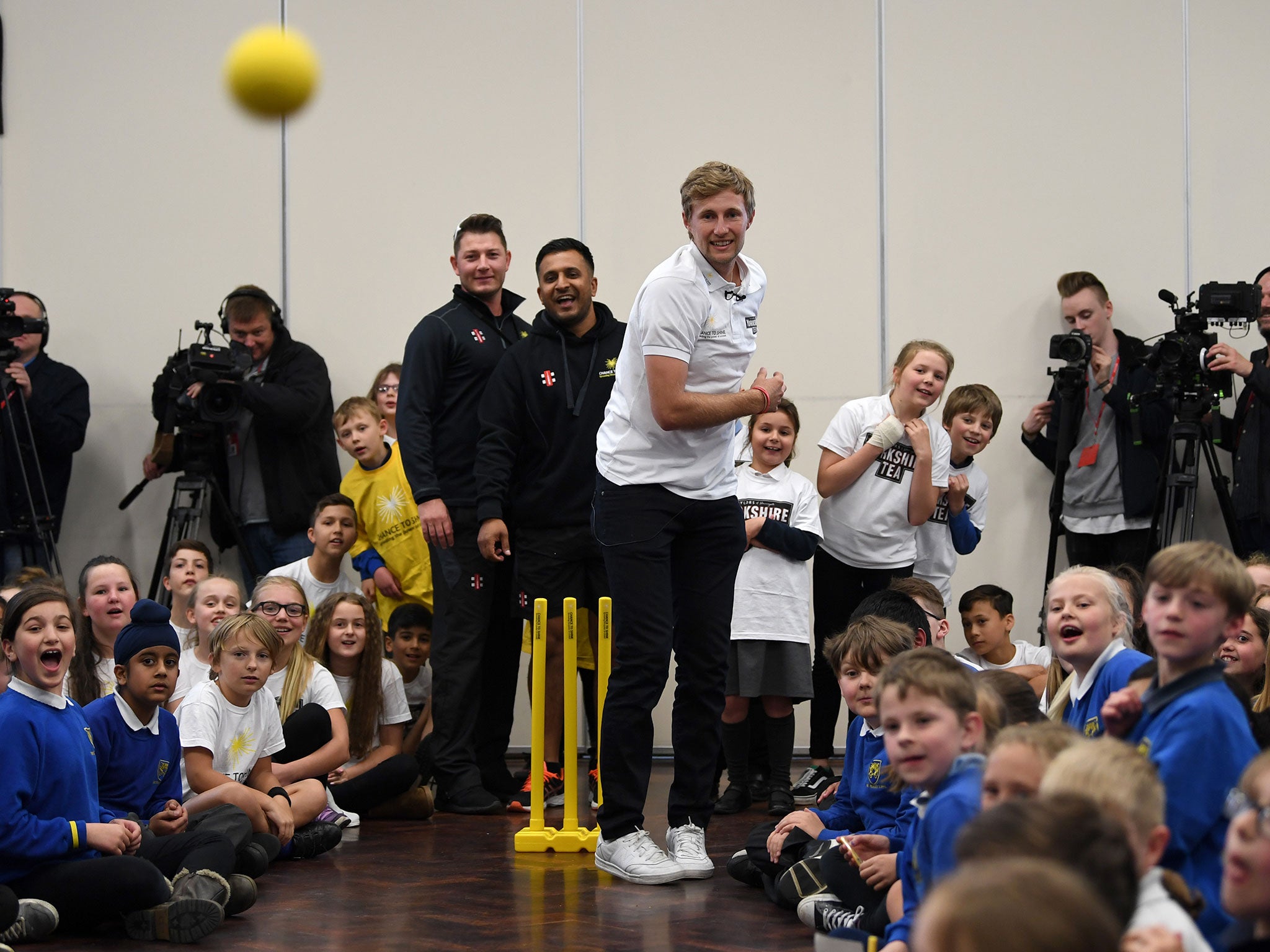 Root treats the children of his old primary school to some of his bowling