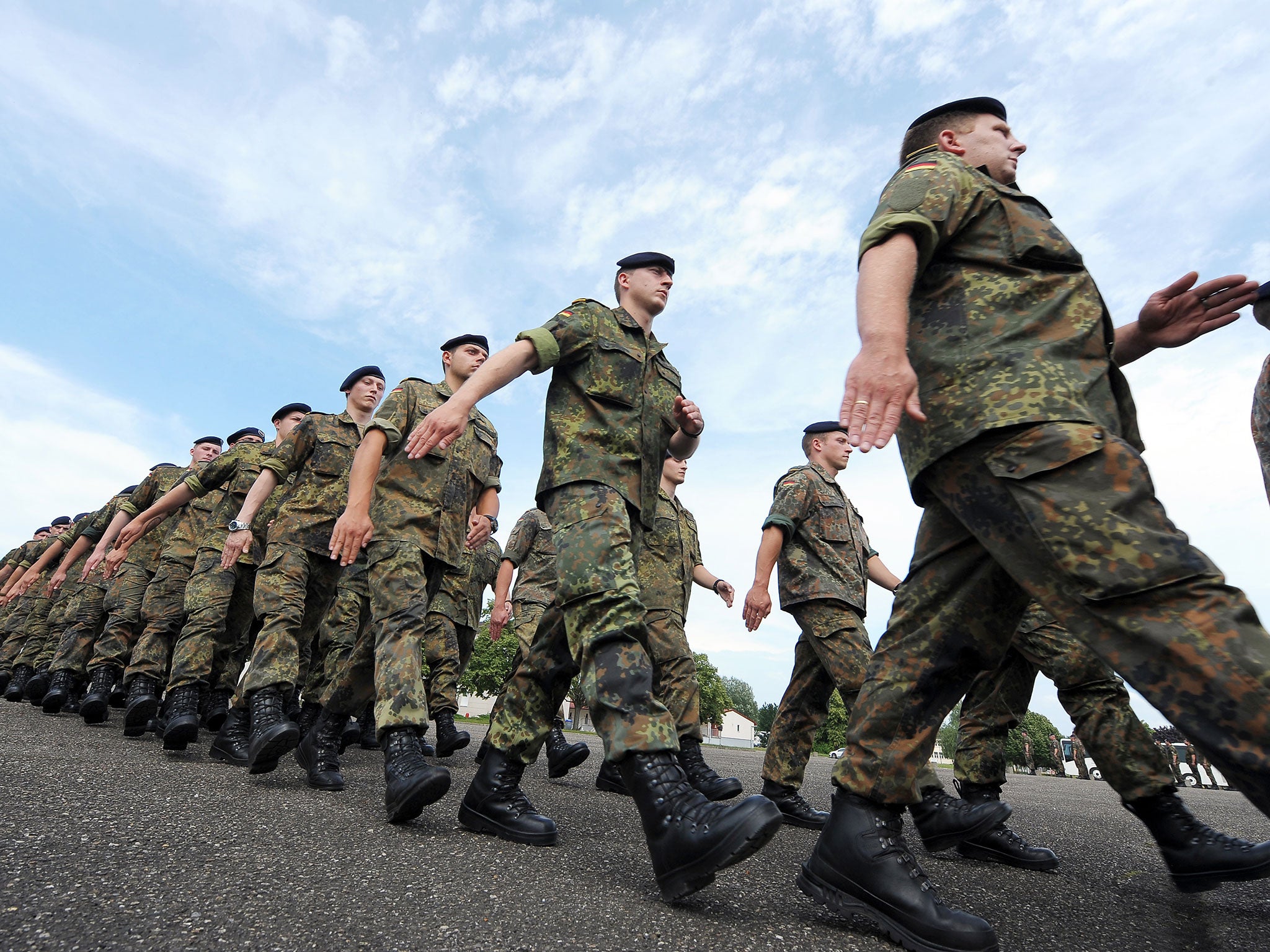German soldiers of the 291st Jagerbataillon take part in a military ceremony on 5 July 2012 in Illkirch-Graffenstaden, eastern France.