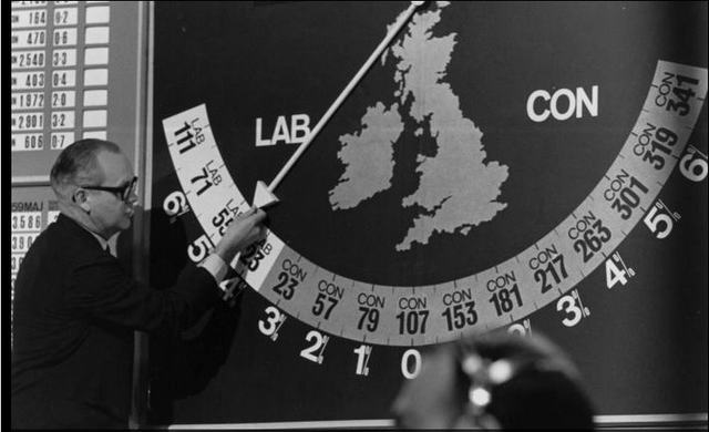 Robert Mackenzie and his swingometer in the 1964 election: BBC