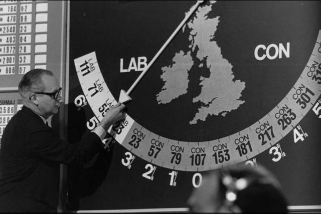 Robert Mackenzie and his swingometer in the 1964 election: BBC