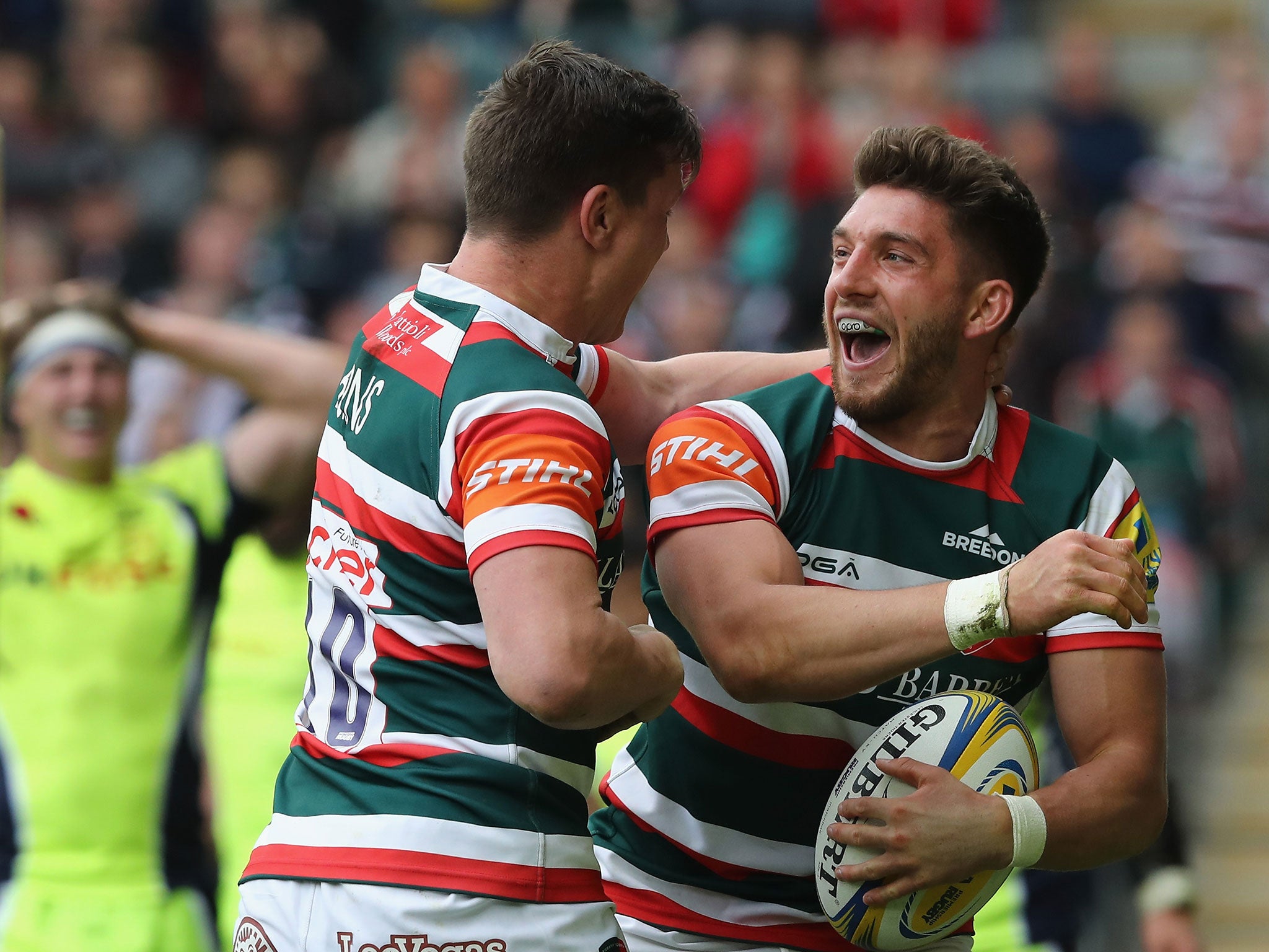 Owen Williams celebrates after scoring a try for Leicester against Sale