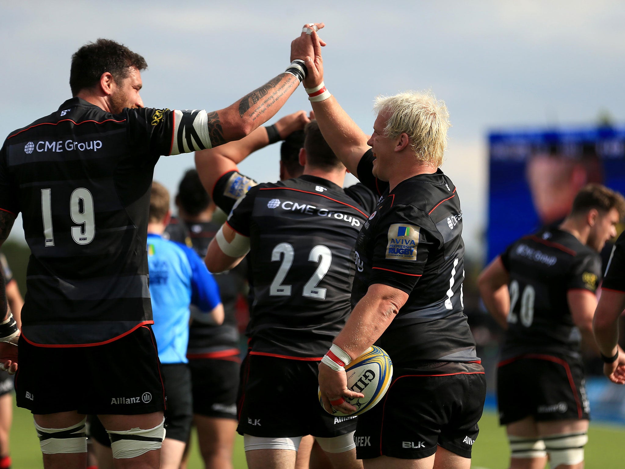 Petrus du Plessis celebrates his first try for Saracens