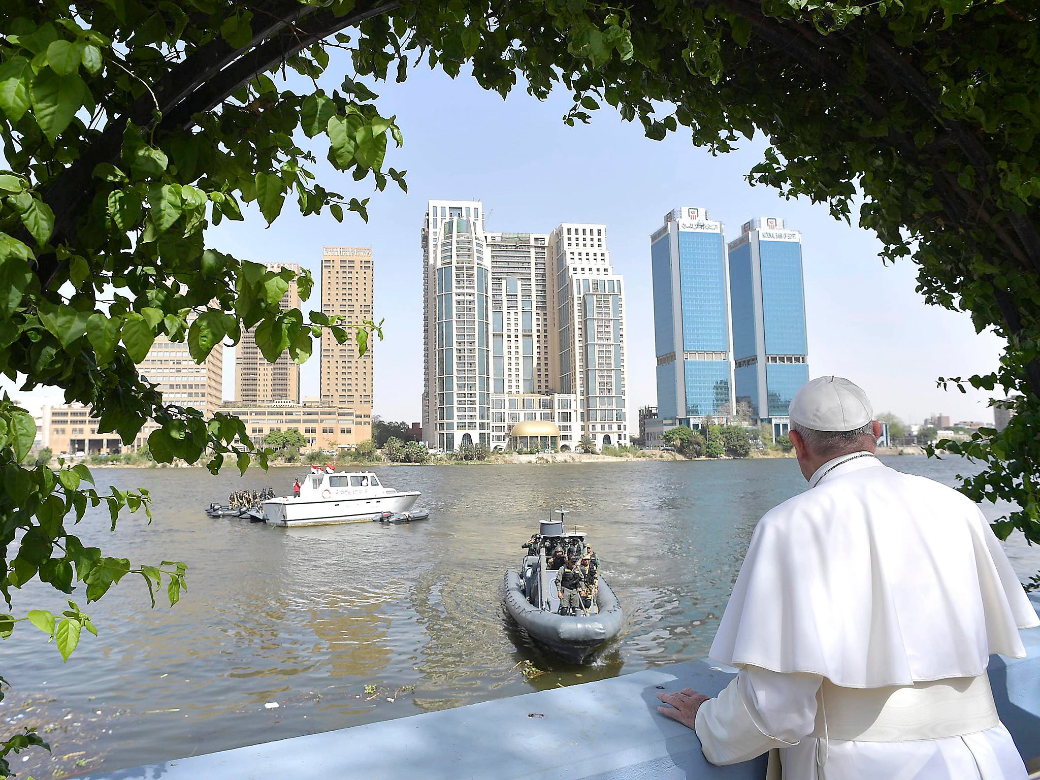 Pope Francis looks over the river Nile from a terrace, during a meeting with the clergy and religious, in Cairo