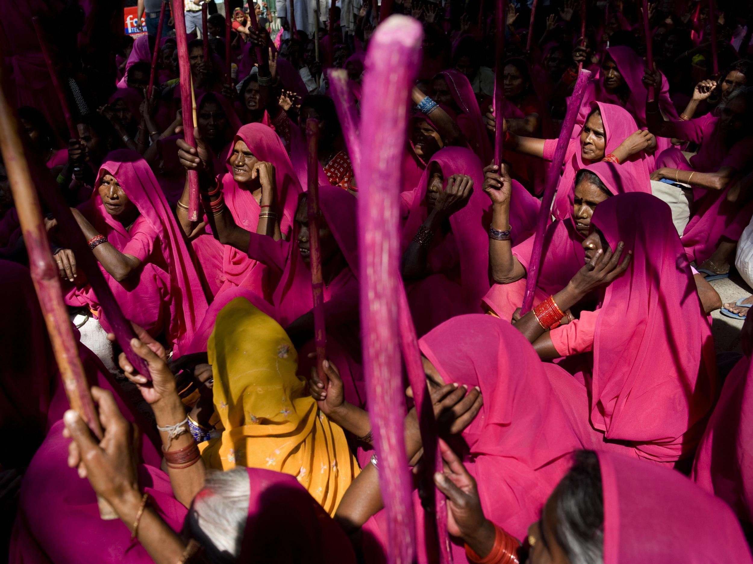 The feminist vigilante group the Gulabi gangs who have recently started a campaign in Madhya Pradesh to disrupt alcohol sales