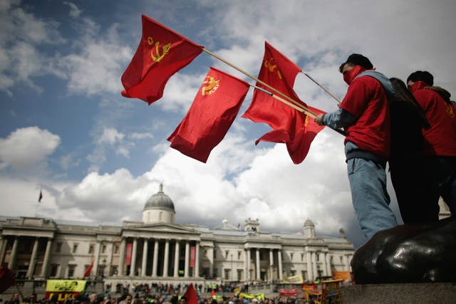 Flying the flag for socialism: demonstrators in Trafalgar Square 